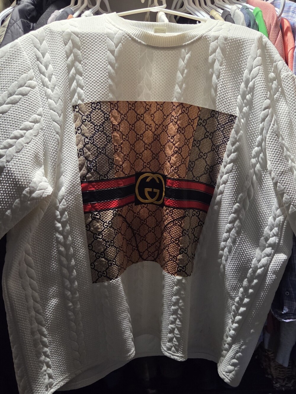 Gucci White Cable-Knit Sweater with Brown Patterned Front Panel